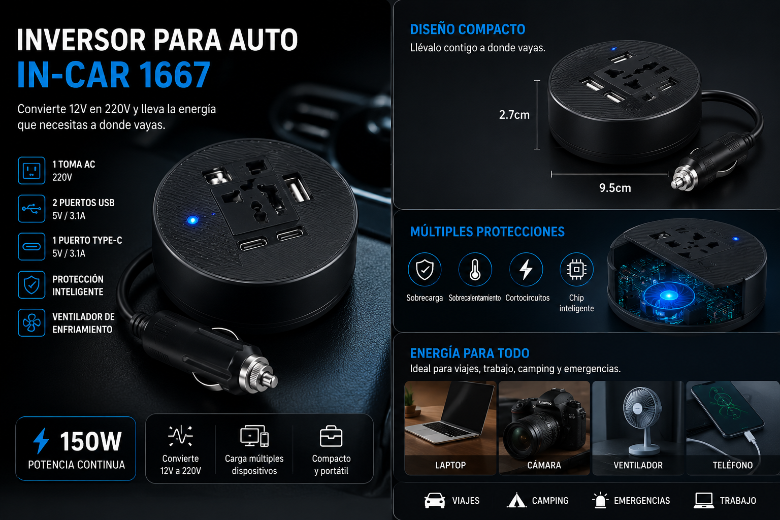 ⚡🚗 Inversor para Auto 150W IN-CAR | Convierte 12V a 220V + USB y Type-C 🔋