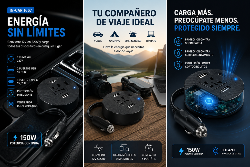 ⚡🚗 Inversor para Auto 150W IN-CAR | Convierte 12V a 220V + USB y Type-C 🔋