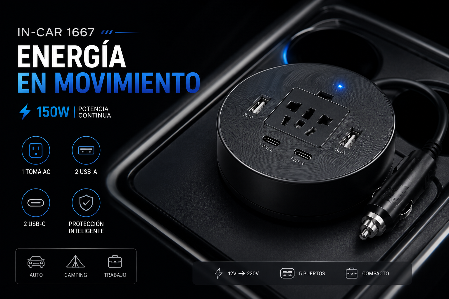 ⚡🚗 Inversor para Auto 150W IN-CAR | Convierte 12V a 220V + USB y Type-C 🔋