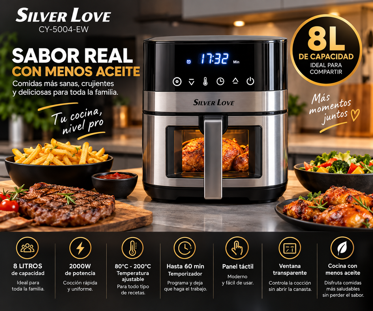 🔥 Freidora de Aire Silver Love 8L 2000W – Más Crujiente, Menos Aceite