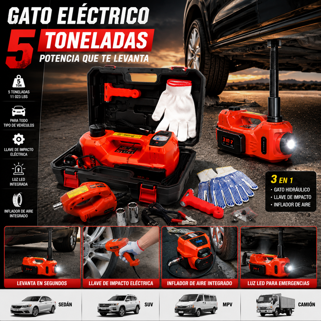 🚗 Gato Hidráulico Eléctrico 3 en 1 de 5 Toneladas | Levanta, Afloja e Infla en Minutos⚡💪