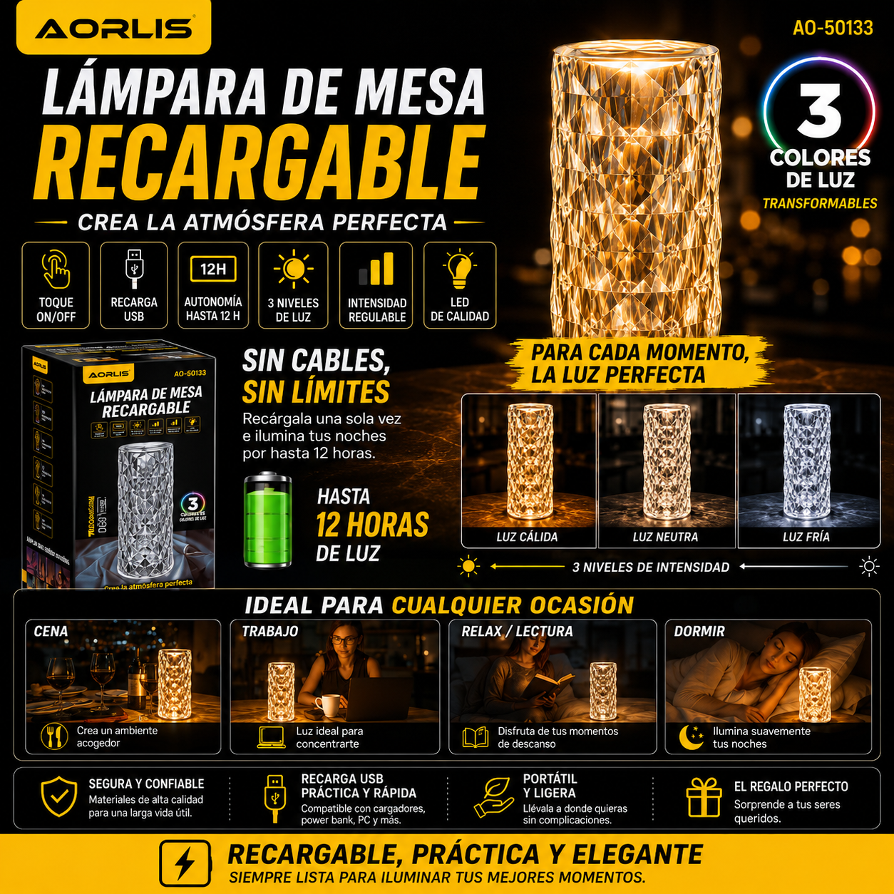 ✨ LÁMPARA DE MESA AORLIS 3 COLORES - ILUMINA CADA MOMENTO CON ESTILO, ELEGANCIA ✨