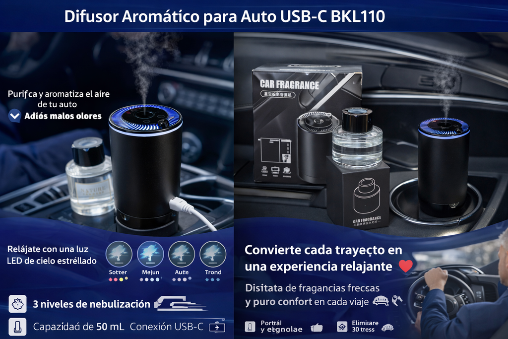 🚗✨ Difusor Aromático para Auto USB-C BKL110 | Humidificador Premium con Luz LED y Aromaterapia