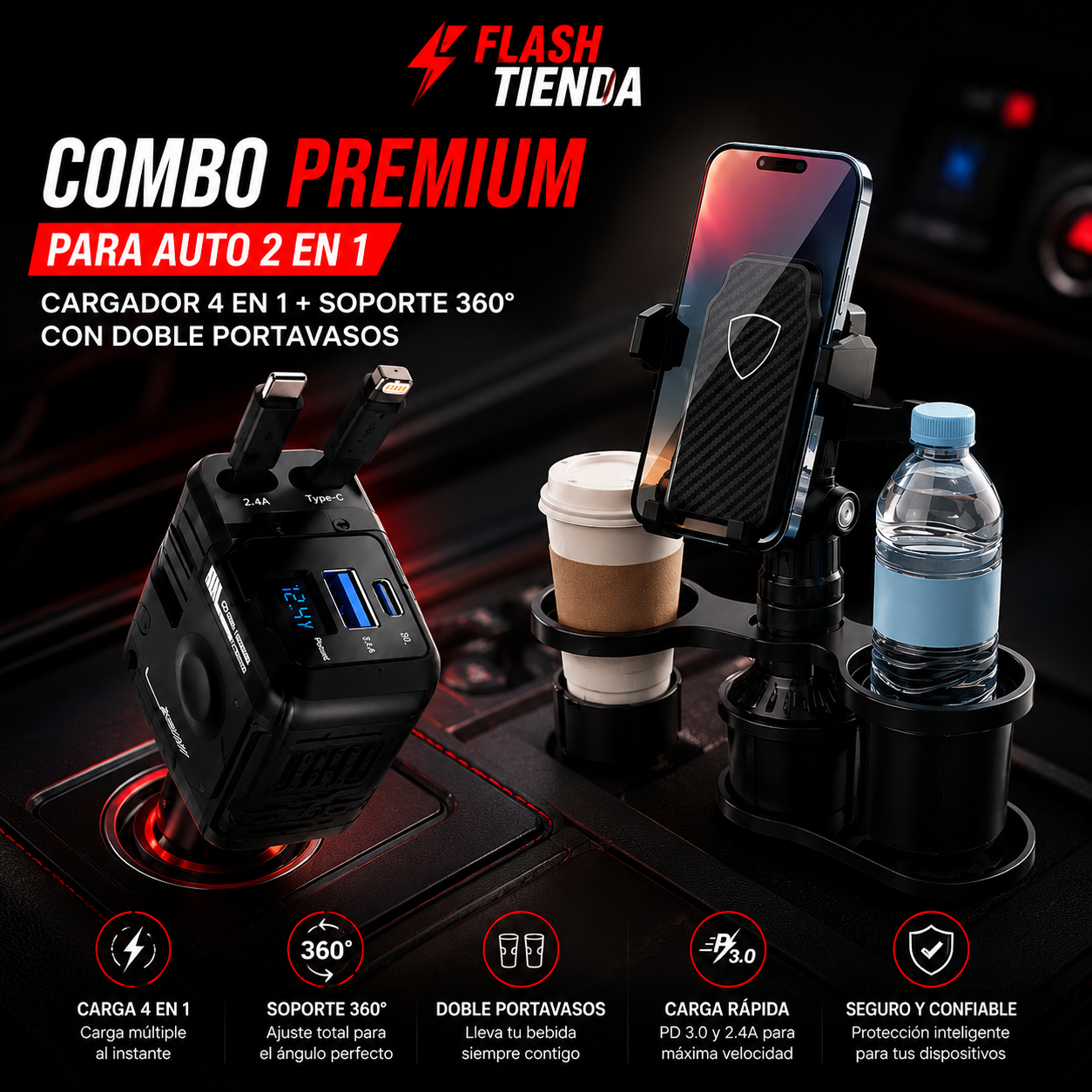 Combo Dúo Esencial para Auto: Carga Rápida 4 en 1 + Soporte 360° con Doble Portavasos🥤⚡