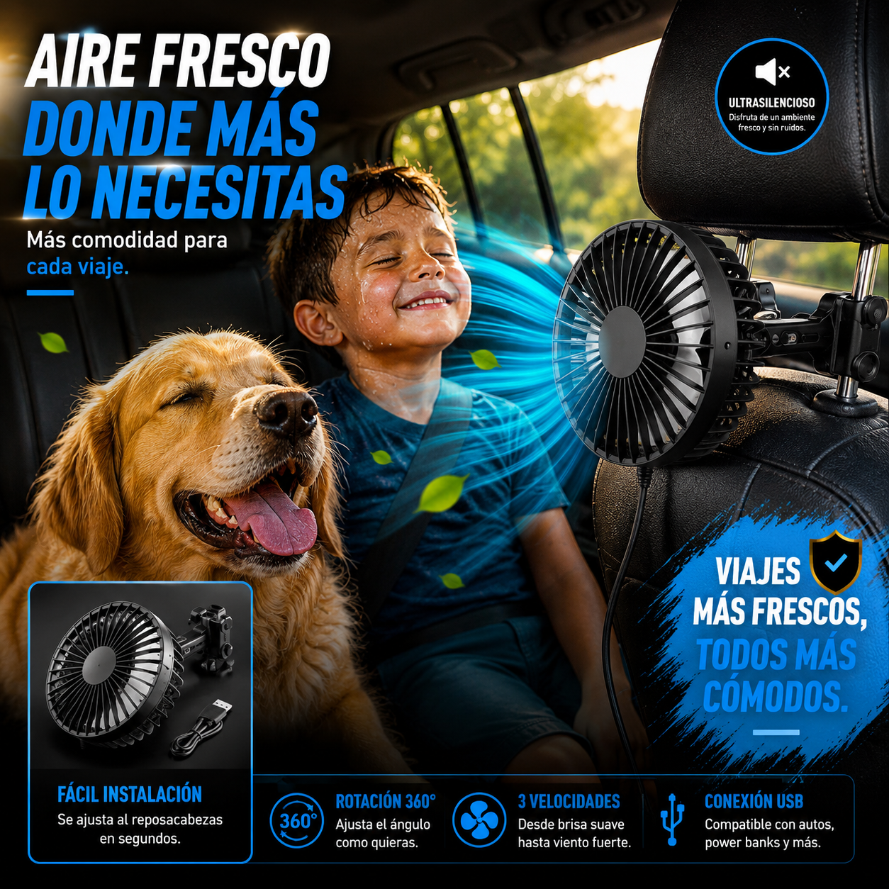 Ventilador para Asiento Trasero 360° 🚗💨 | Aire Fresco Donde Más lo Necesitás
