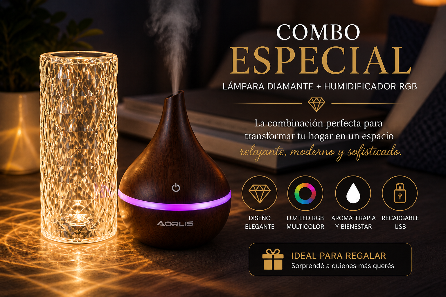 Combo Lámpara Diamante + Humidificador RGB – Regalo Elegante💎
