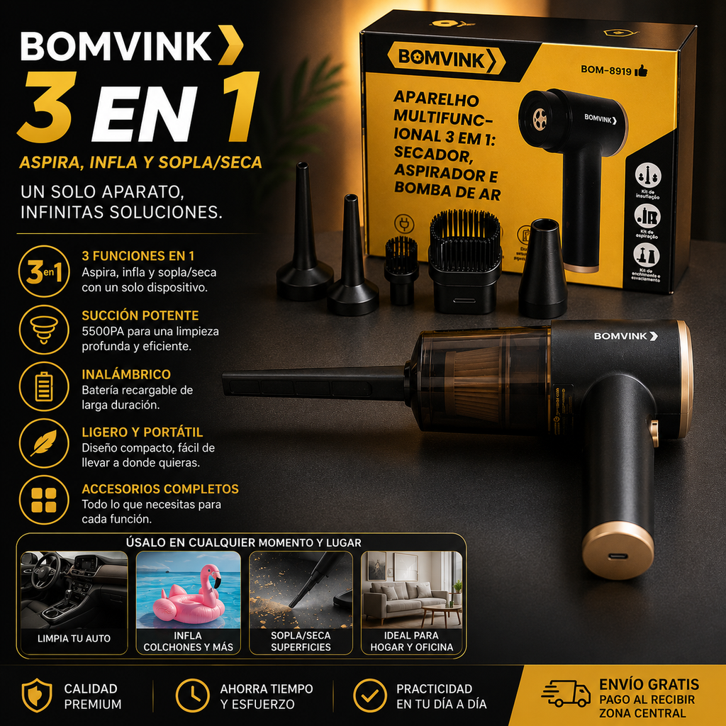 🚀 BOMVINK 3 en 1 | Aspiradora, Inflador y Soplador Portátil⚡