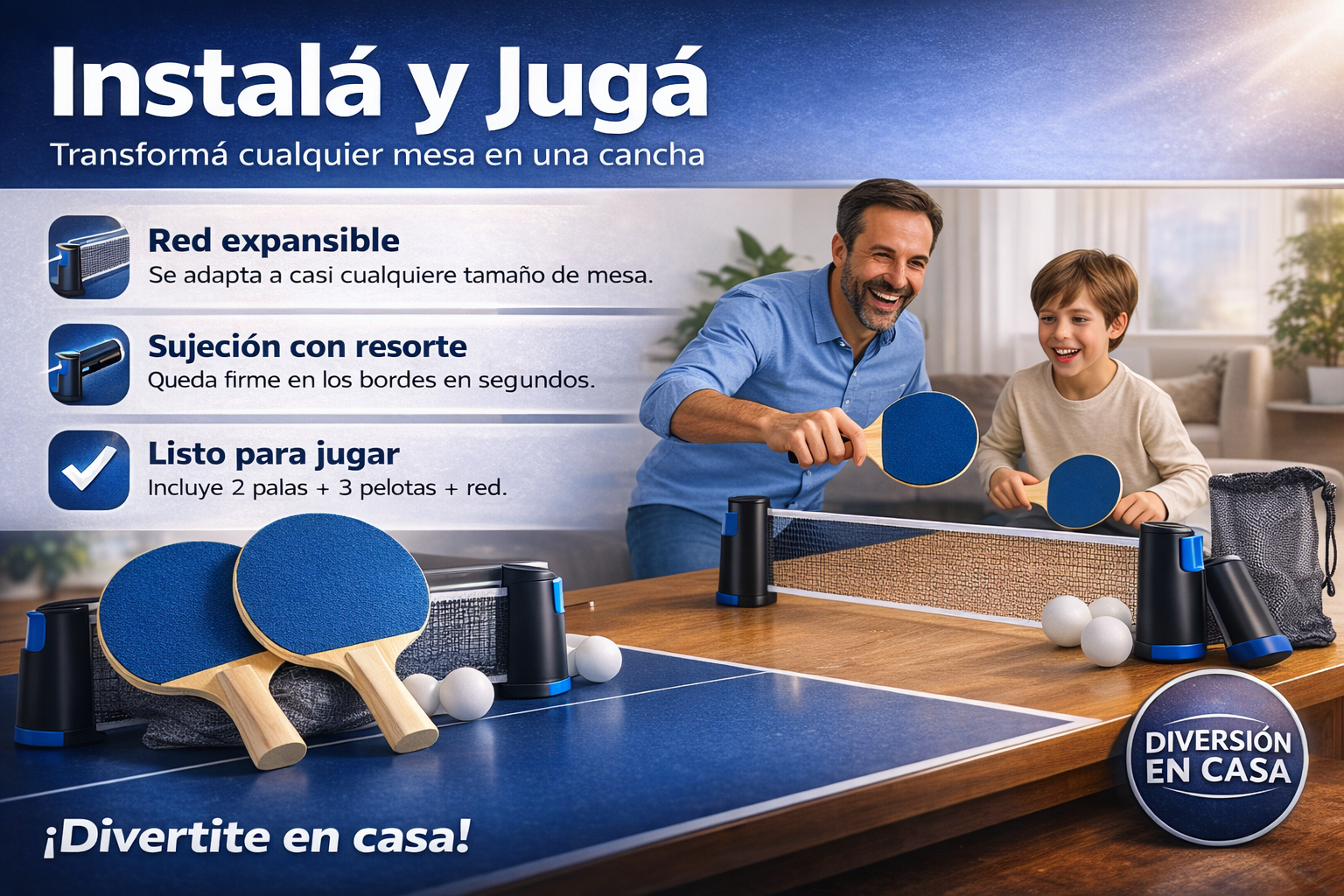 Ping Pong Portátil | Red Ajustable para Cualquier Mesa + 2 Palas + 3 Pelotas🎾