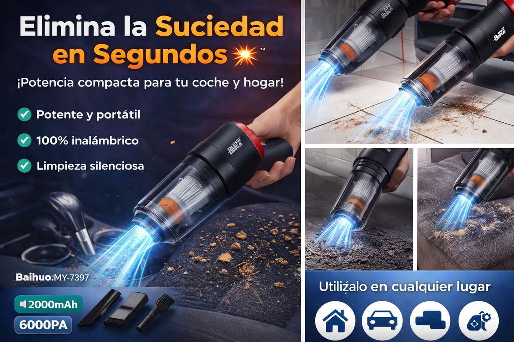 Aspirador de Mano Inalámbrico 6000Pa para Coche y Hogar | Portátil y Potente💨✨