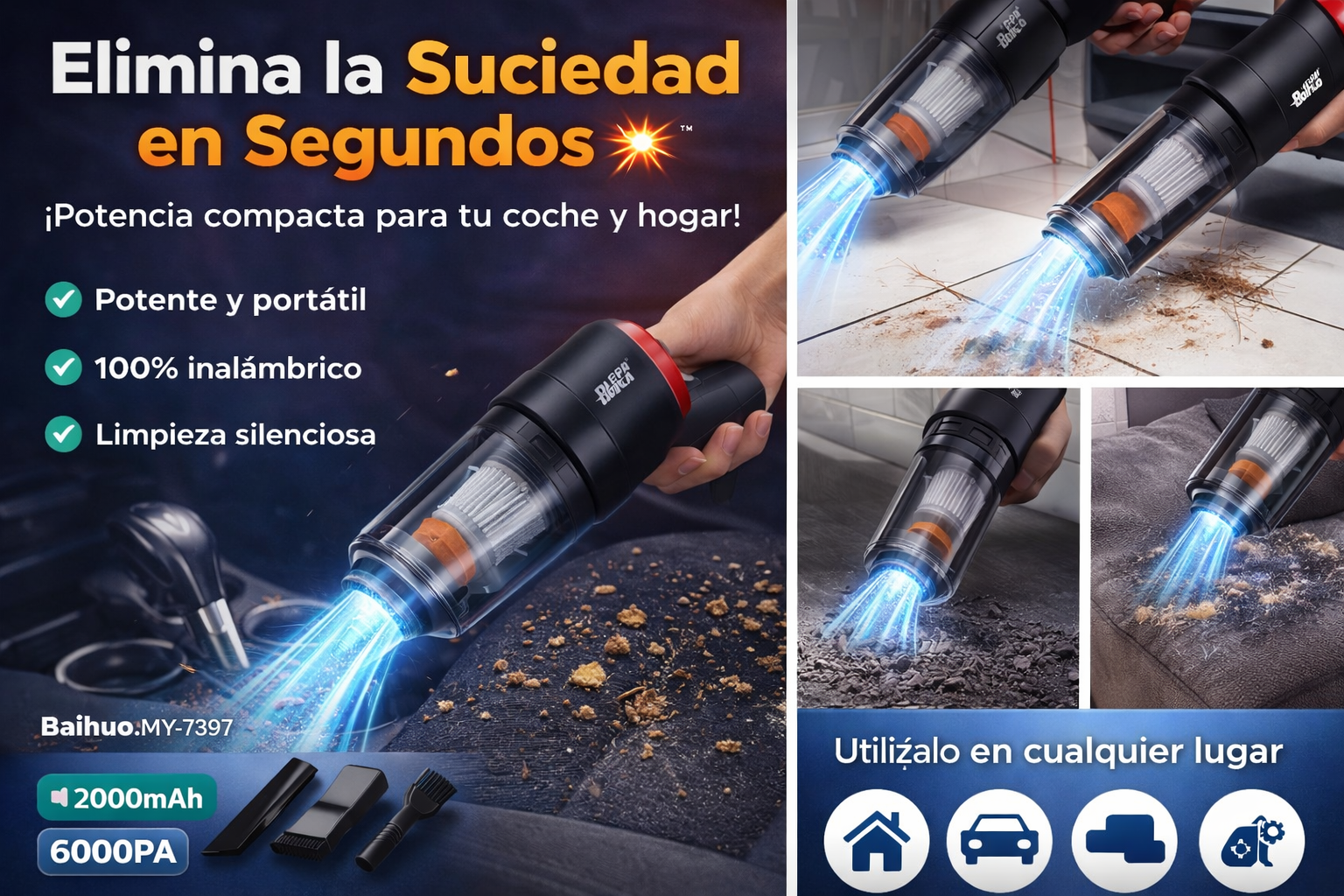Aspirador de Mano Inalámbrico 6000Pa para Coche y Hogar | Portátil y Potente💨✨