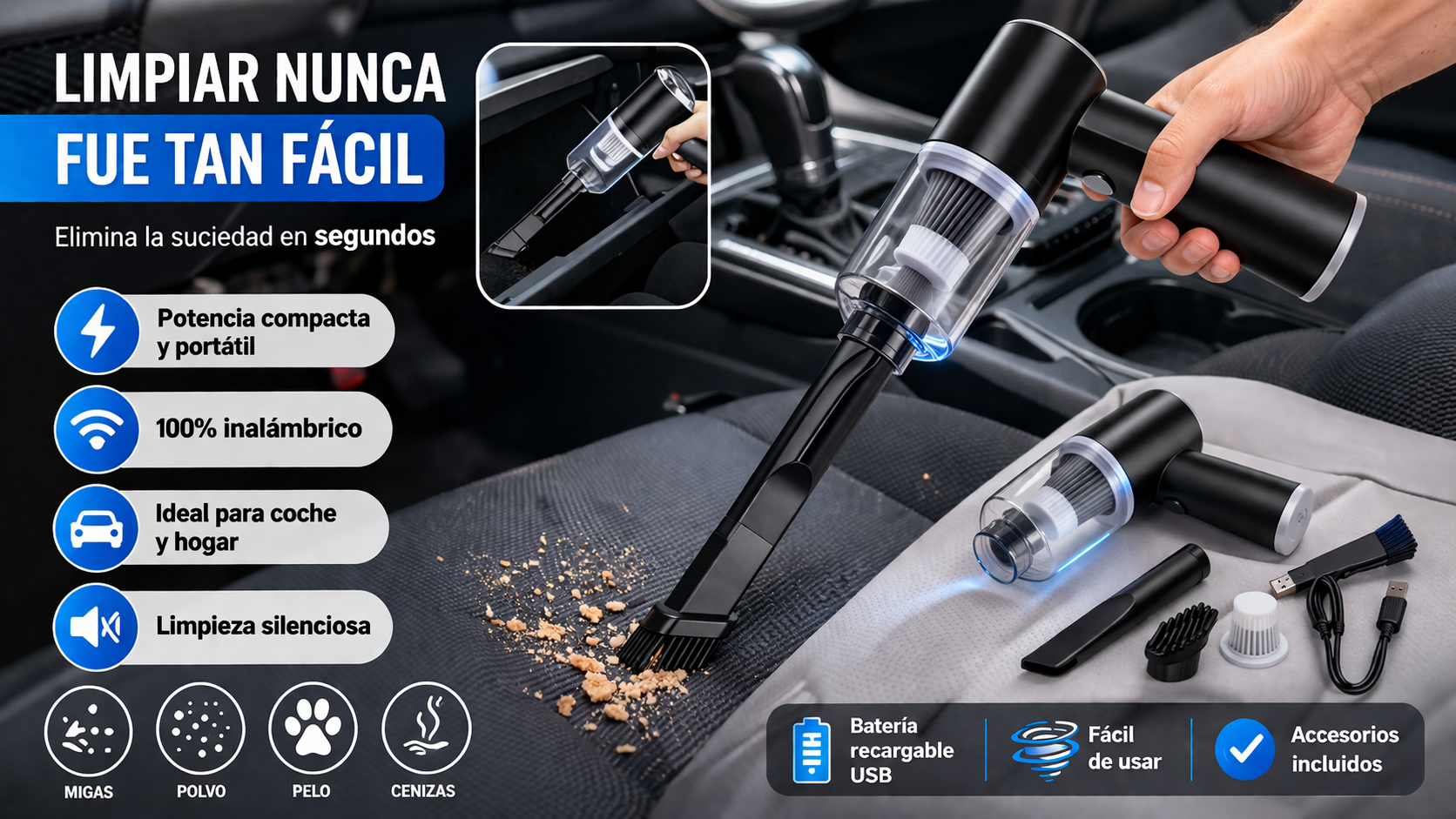 Aspirador de Mano Inalámbrico 6000Pa para Coche y Hogar | Portátil y Potente💨✨