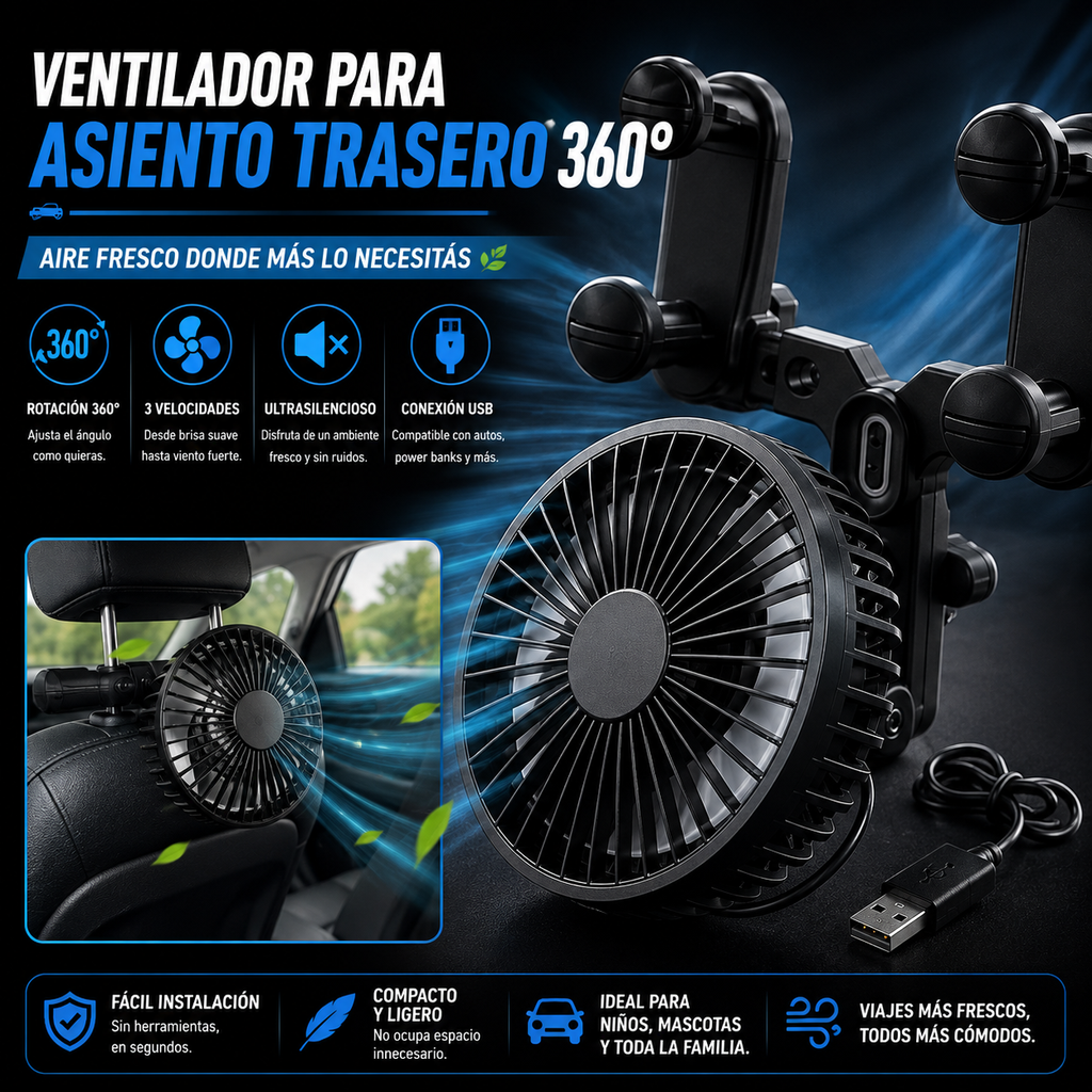 Ventilador para Asiento Trasero 360° 🚗💨 | Aire Fresco Donde Más lo Necesitás