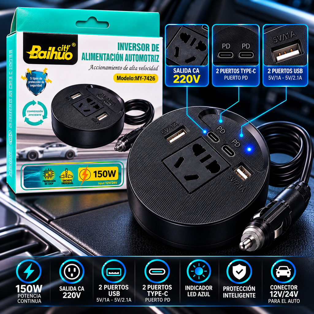 ⚡ Inversor para Auto 150W | 220V + USB + Type-C 🚗