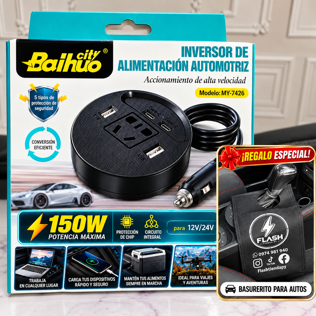 ⚡ Inversor para Auto 150W | 220V + USB + Type-C 🚗