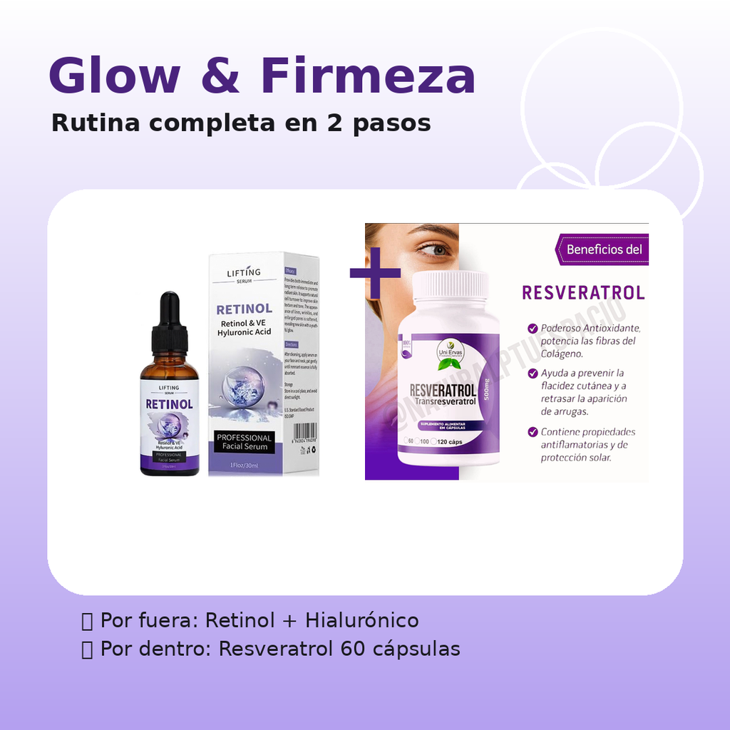 Dúo Antiedad 360°: Sérum Retinol + Resveratrol (60 cápsulas)💆‍♀️