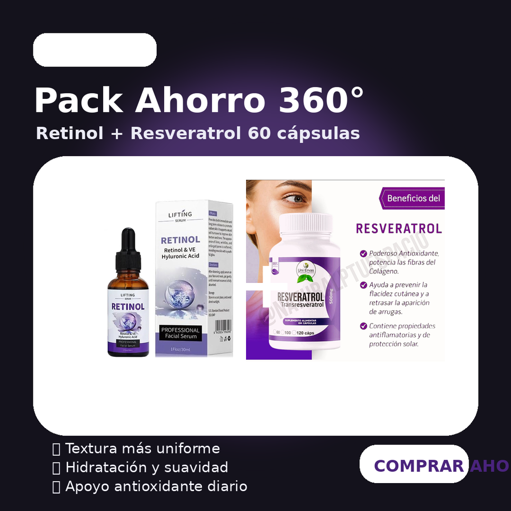 Dúo Antiedad 360°: Sérum Retinol + Resveratrol (60 cápsulas)💆‍♀️