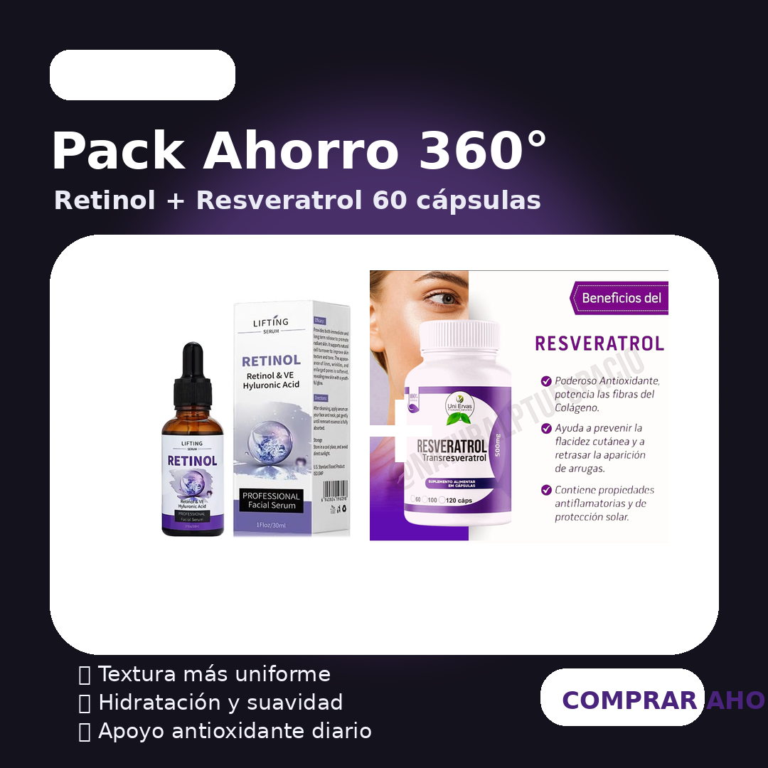 Dúo Antiedad 360°: Sérum Retinol + Resveratrol (60 cápsulas)💆‍♀️
