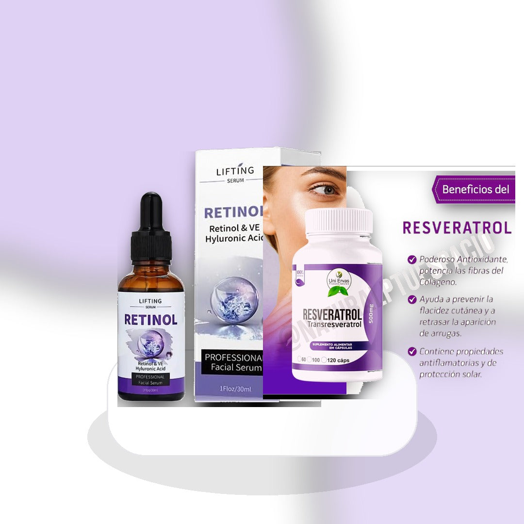 Dúo Antiedad 360°: Sérum Retinol + Resveratrol (60 cápsulas)💆‍♀️